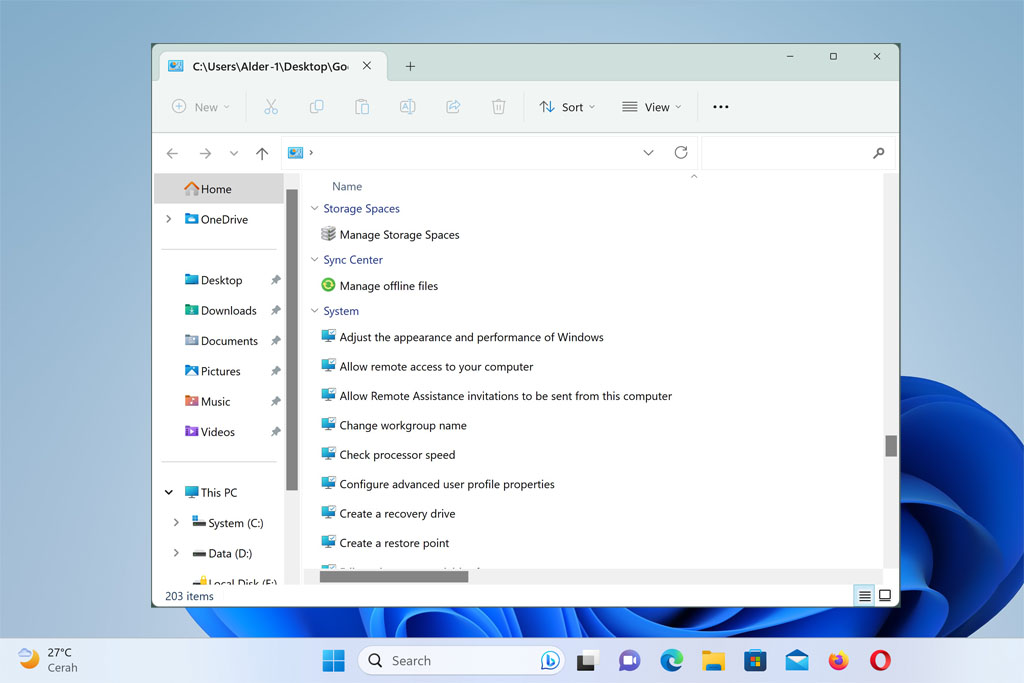 Beberapa pintasan dalam folder God Mode pada Windows 11.