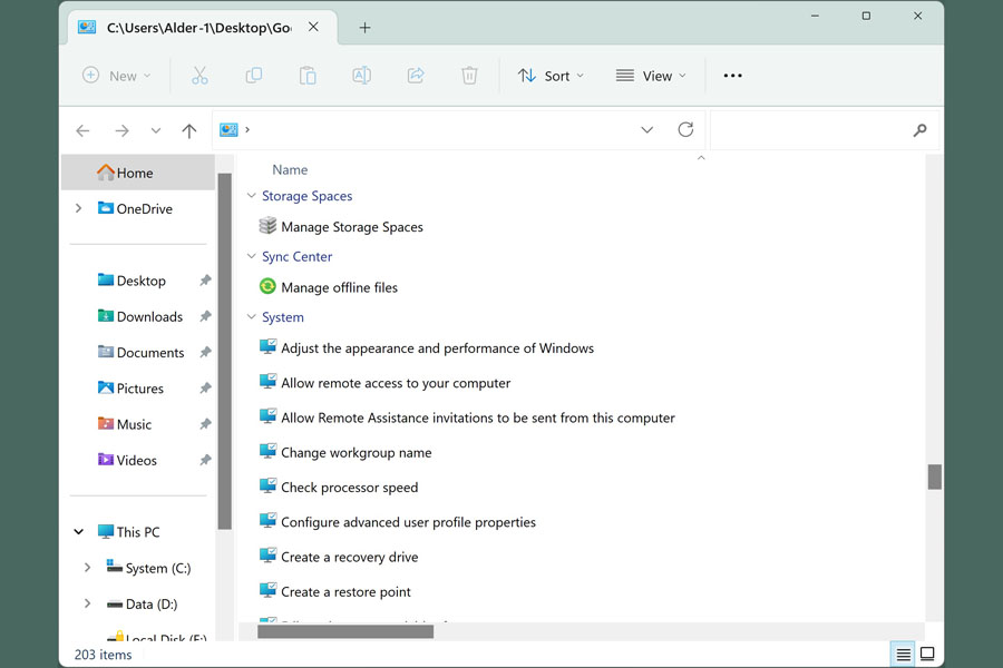 Sejumlah pintasan dalam God Mode pada Windows 11.