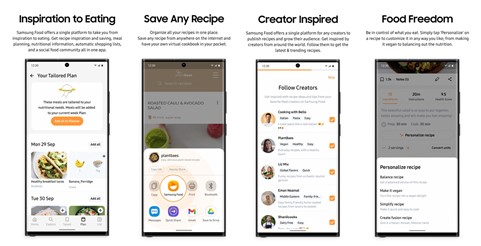 Samsung Food menghadirkan platform makanan yang sesuai dengan kebutuhan dan gaya hidup pengguna didukung oleh database ekstensif Whisk, sebuah platform makanan pintar yang diakuisisi oleh Samsung Next pada 2019 lalu.