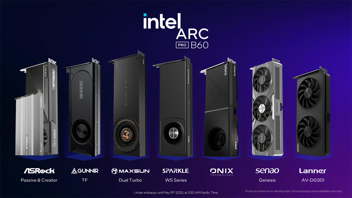 Beberapa kartu grafis tambahan Intel Arc Pro B60 dari sejumlah produsen yang akan meluncur.